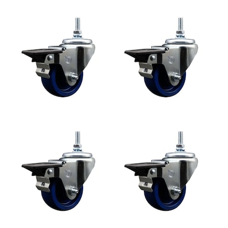 Service Caster 3 Inch Solid Polyurethane 38 Inch Threaded Stem Caster Set with Brake SCC-TS20S314-SPUS-PLB-381615-4